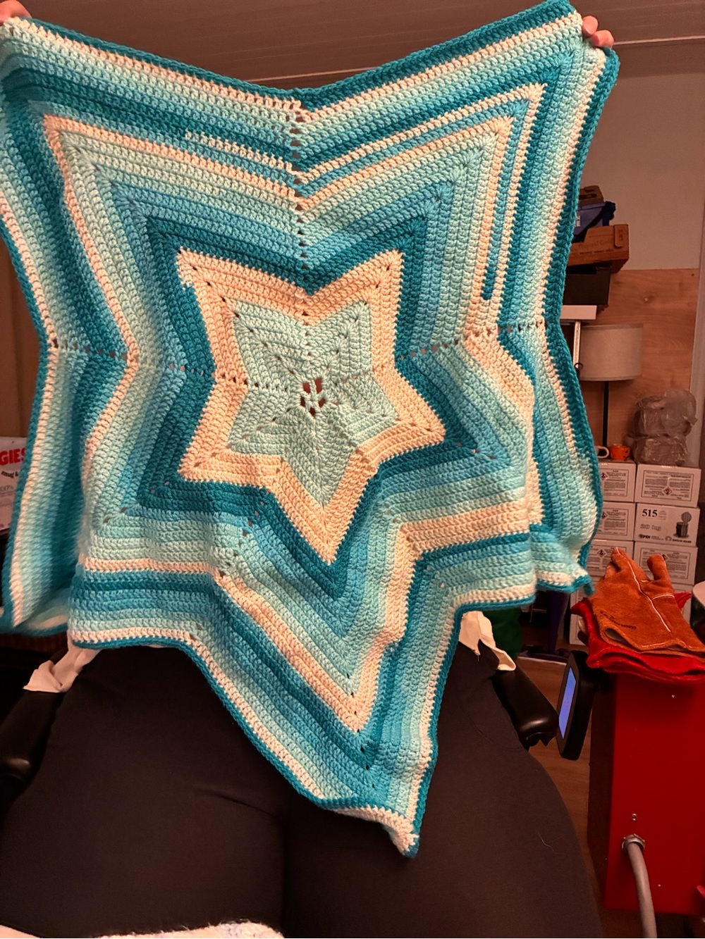 Handmade Star Crochet baby Blanket in Aqua, Teal & Cream